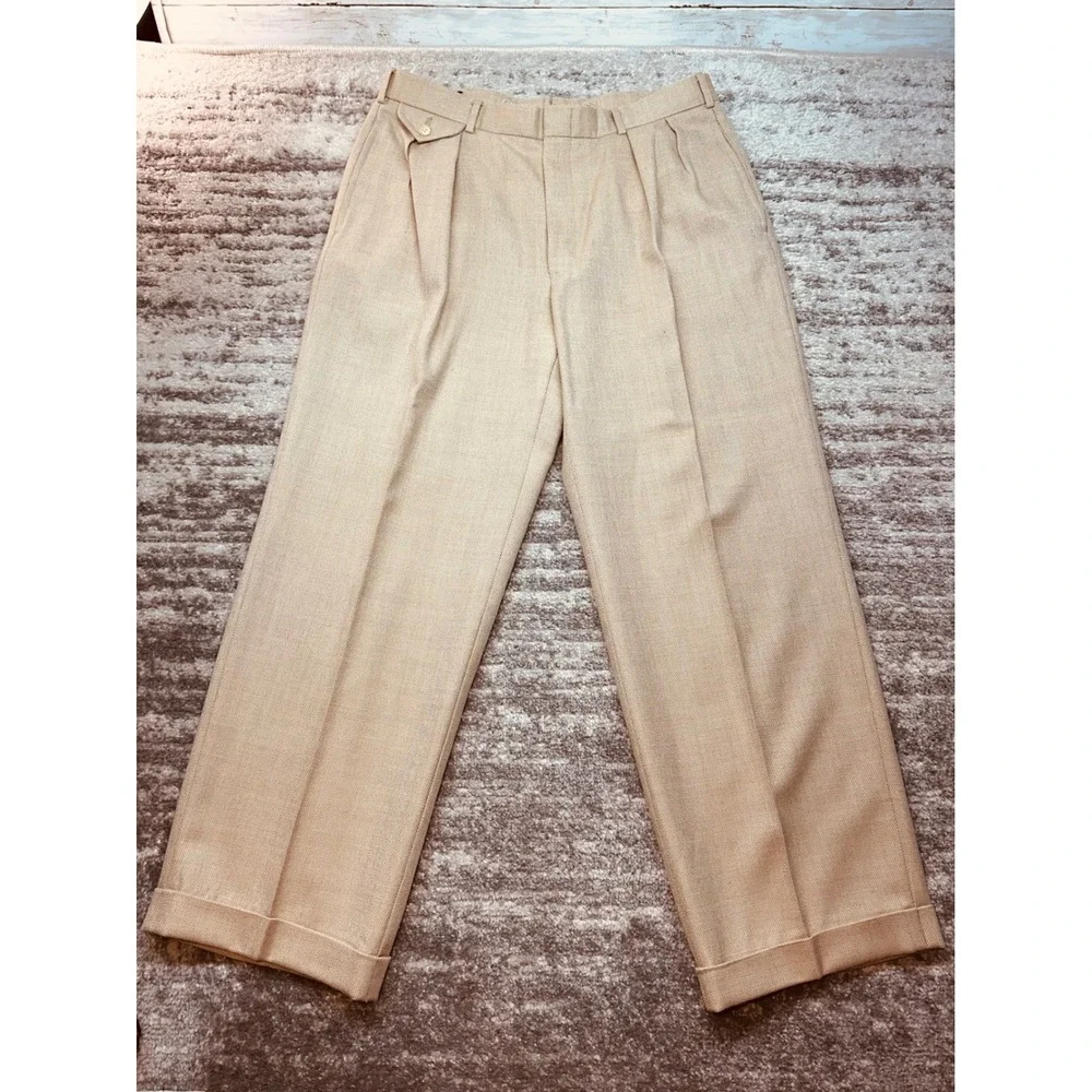 Polo Ralph Lauren Dress Pants Men 34x29 Tan Pleated Cuffed Basketweave Vintage